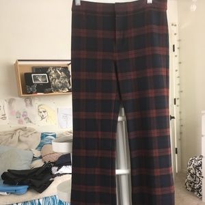 Red, navy blue, plaid pants. Very soft material.
